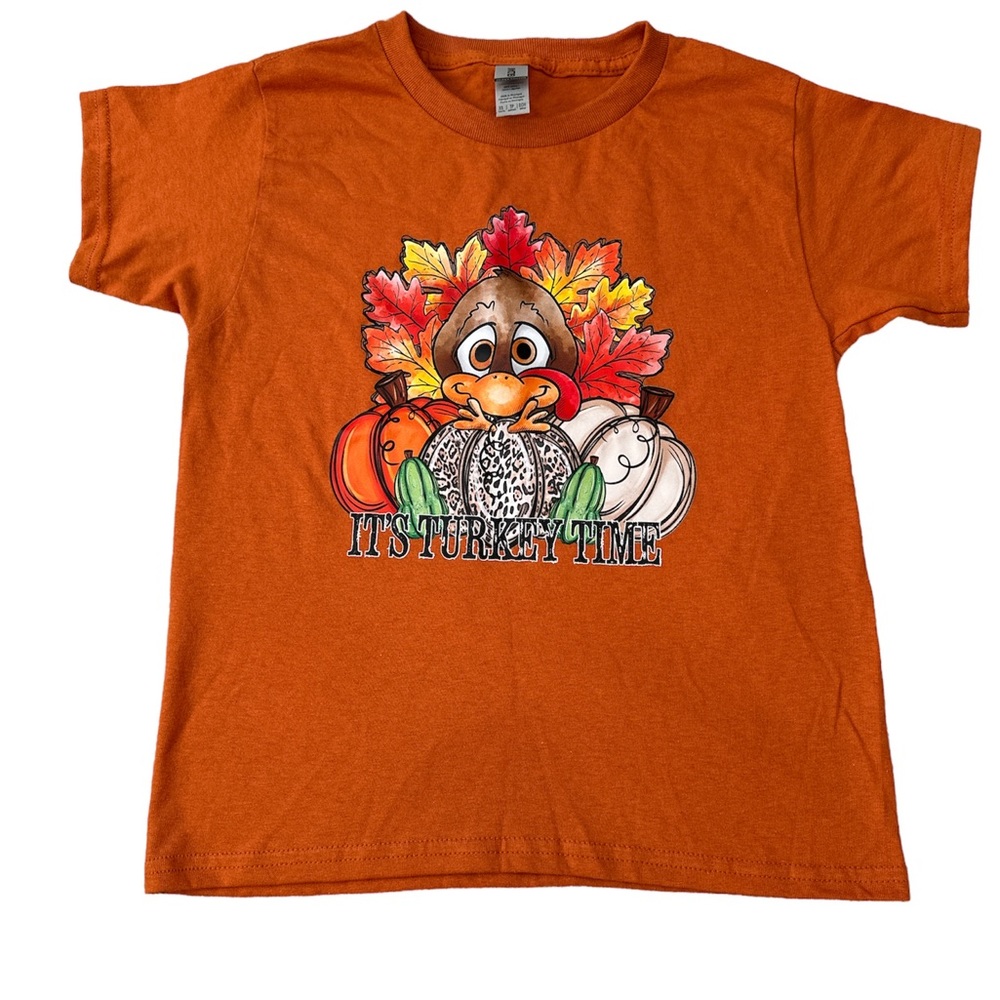 Girls Thanksgiving Orange T-Shirt with Leopard Print Pumpkin size XS